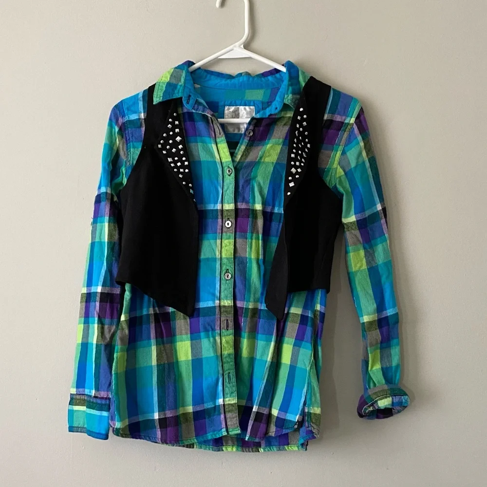 Justice Girls Button-up Plaid Shirt with a Studded Vest Size 14